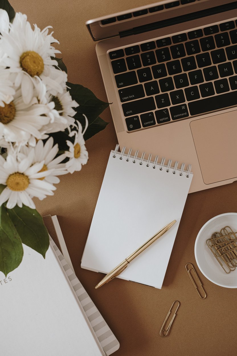 Notepad, Pen, Laptop, Paper Clips, and Daisy Flowers